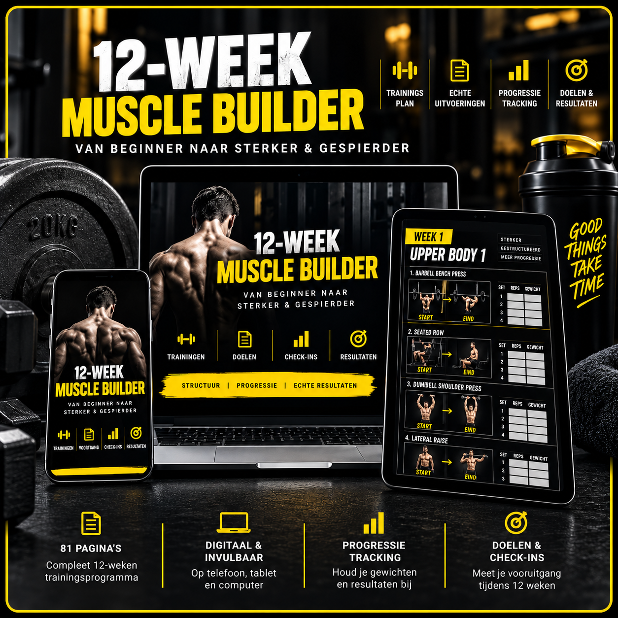 12-Week Muscle Builder als digitaal e-book op laptop, tablet en smartphone